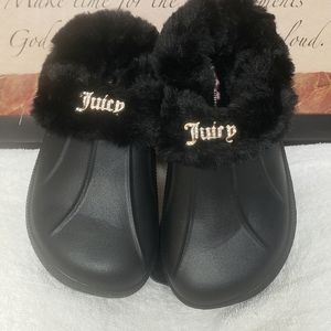 Juicy Couture Cora Plush Faux Fur Clog/Crocs Slippers Black Sz-1